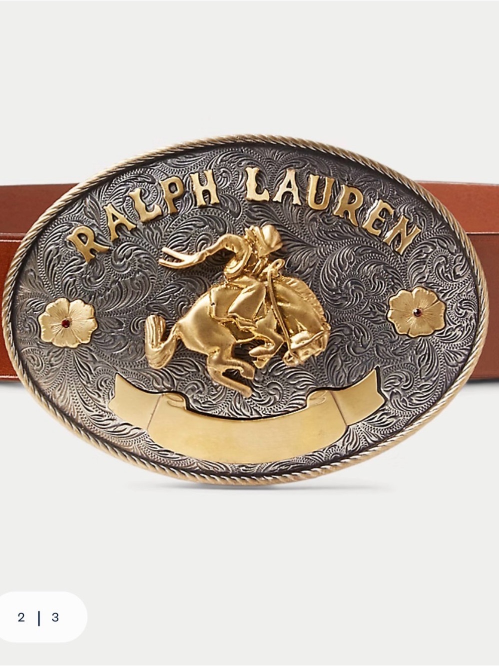 Ralph Lauren Gold & Silver Rodeo-Buckle Vachetta Leather Wide Belt